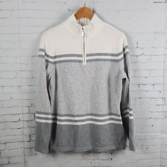 KAREN SCOTT GREY STRIPE LONG SLEEVE 1/4 ZIP UP PULL OVER SWEATER SIZE MEDIUM - Picture 1 of 7